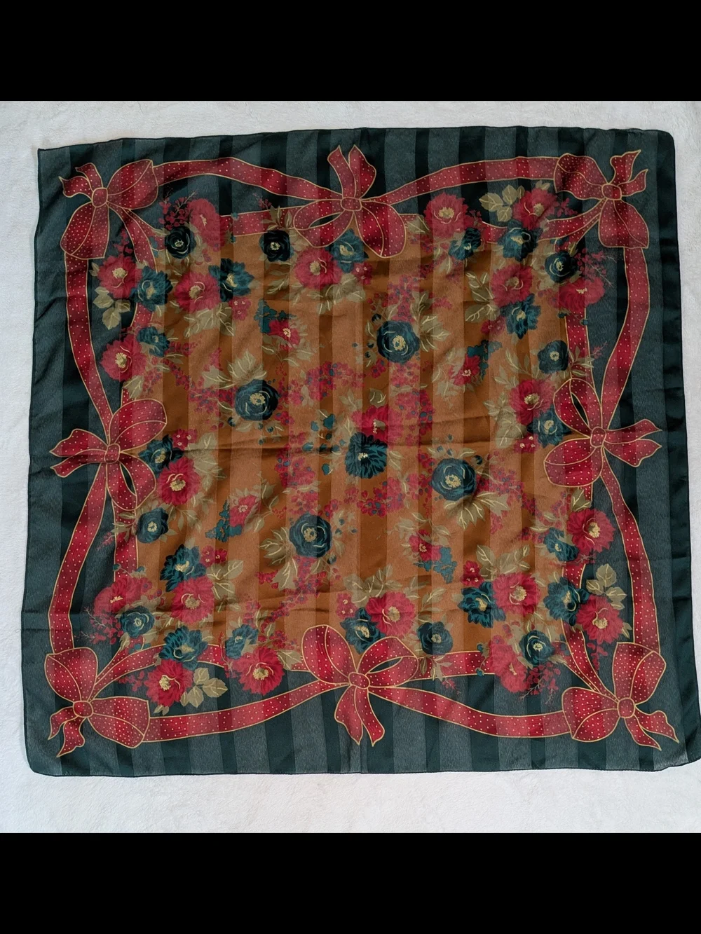 Berkshire Floral Bow Border Silk Scarf in Teal, Rust, Red